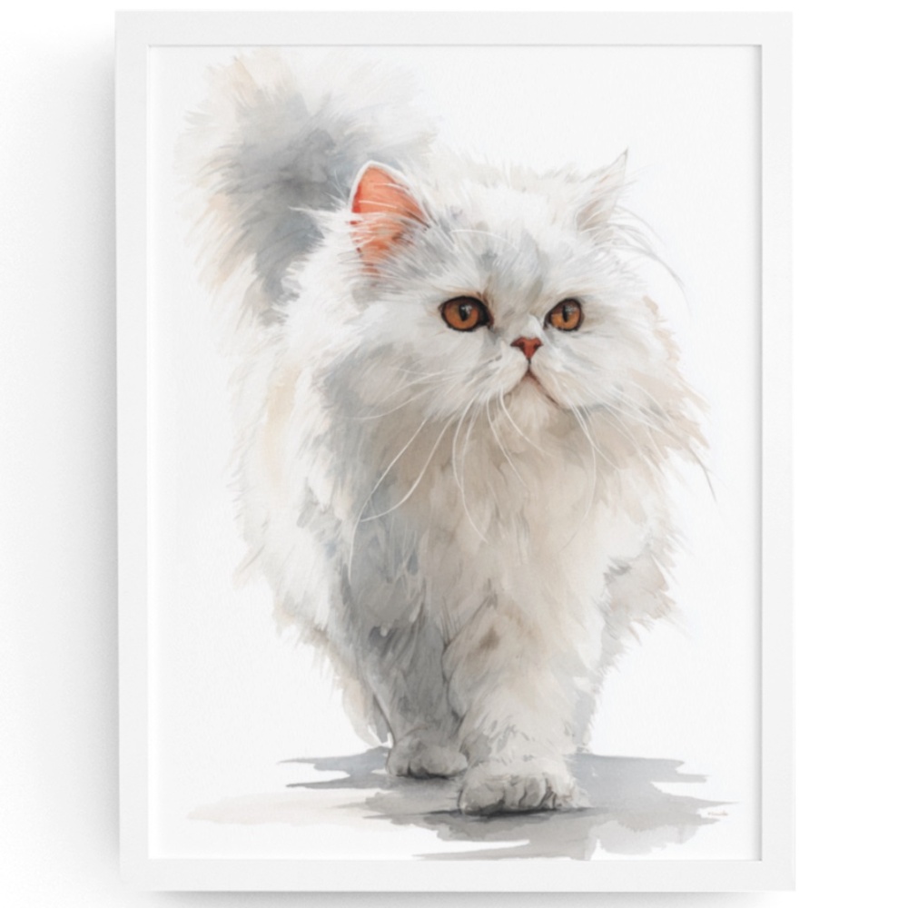 Watercolor White Persian Cat Portrait Wall Art Print Poster, Unframed